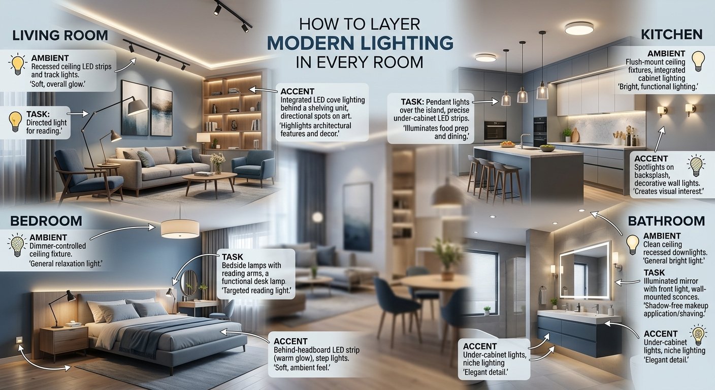 Infographic How to Layer Modern Lighting in Every Room illustrating ambient, task, and accent lighting across a living room, kitchen, bedroom, and bathroom.