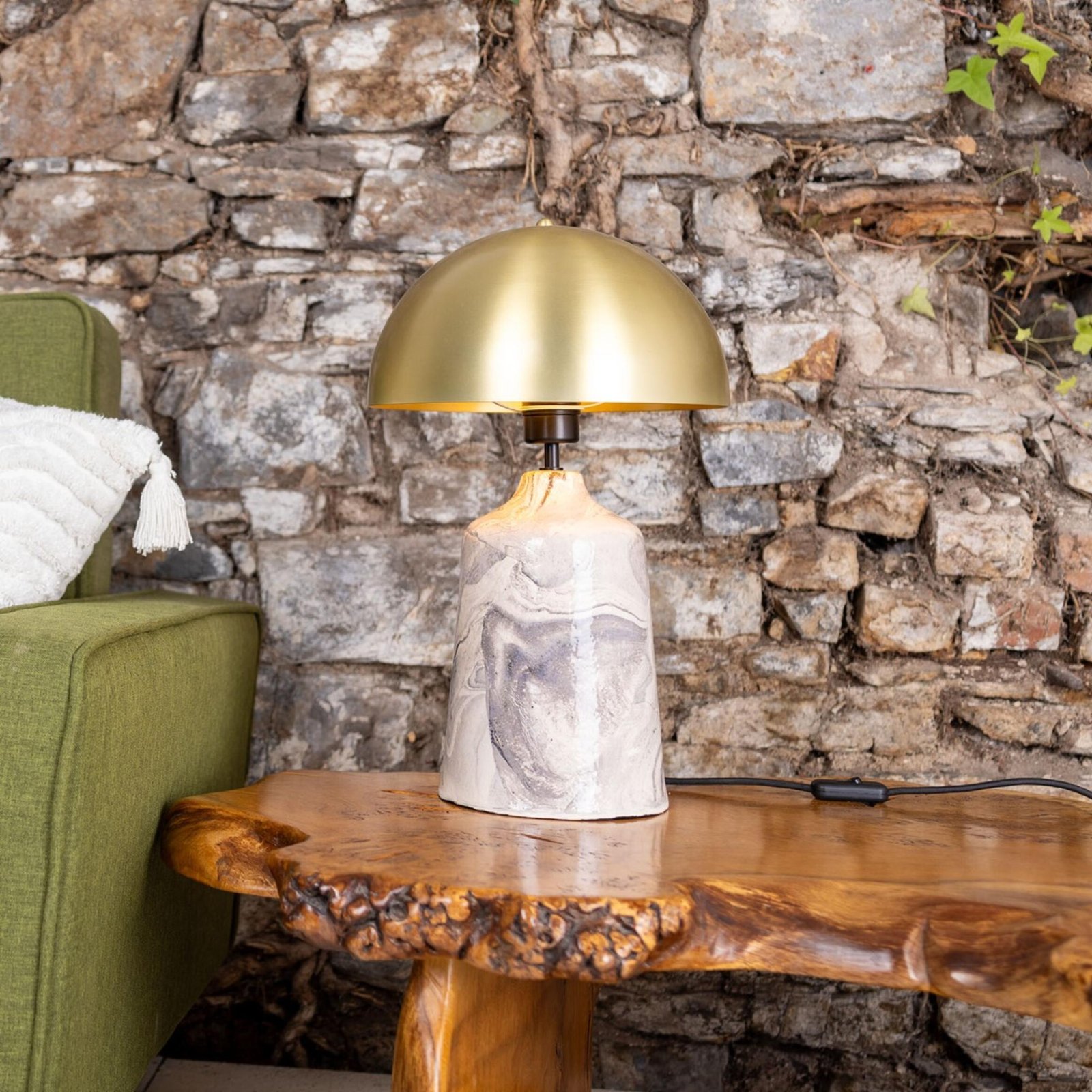 Cassia Marbled Ceramic Table Lamp with Brass Dome Shade