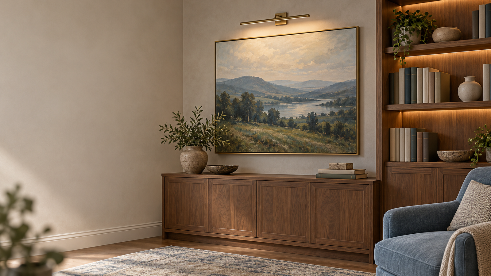 Landscape painting illuminated by a brass picture light beside walnut bookshelves with concealed warm lighting.