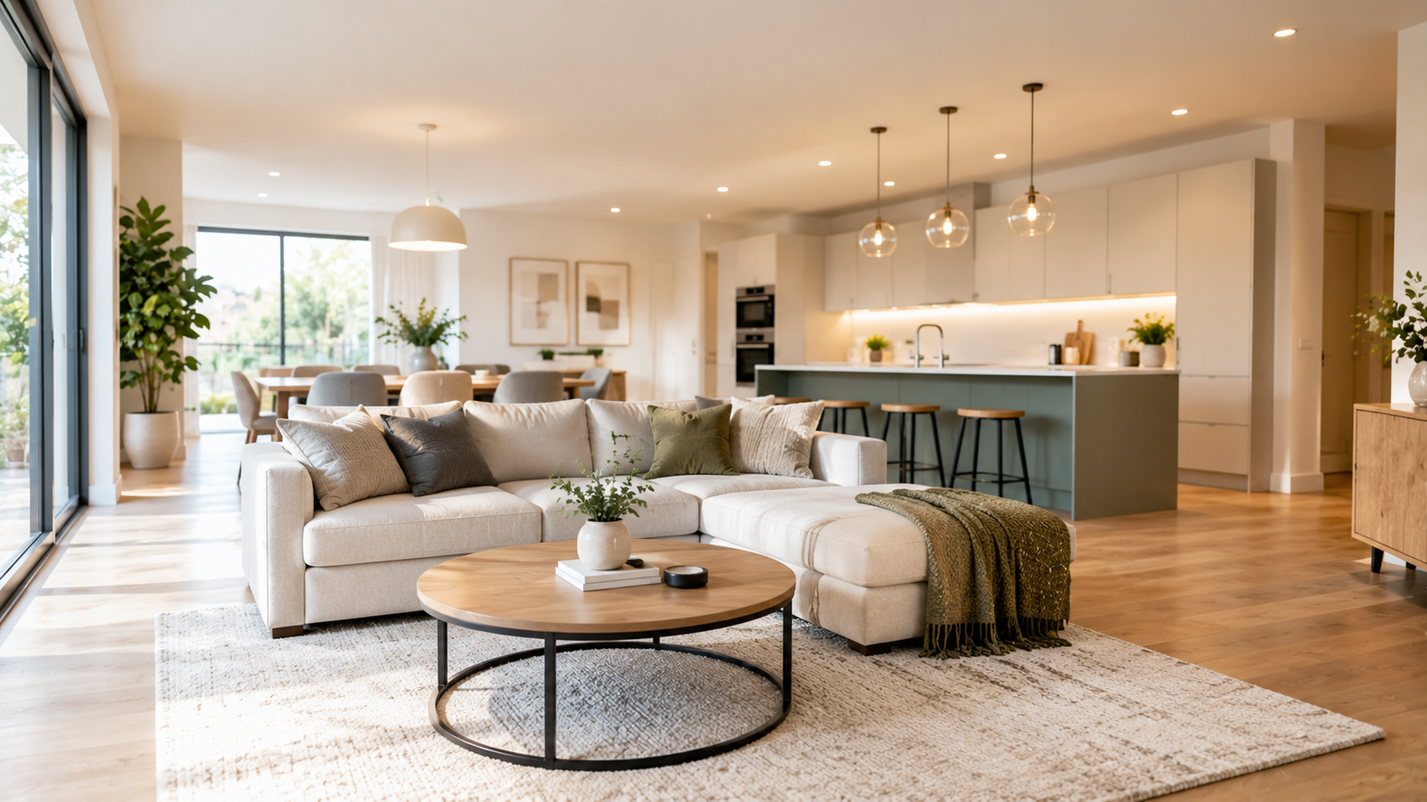 A bright open-plan home with a living room, dining area, and kitchen featuring pendant lights, recessed lighting, and warm under-cabinet illumination.