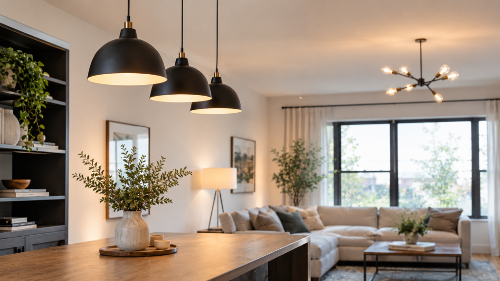 Modern living room with a large wooden kitchen island, three black pendant lights, a beige sectional sofa, indoor plants, and large windows.