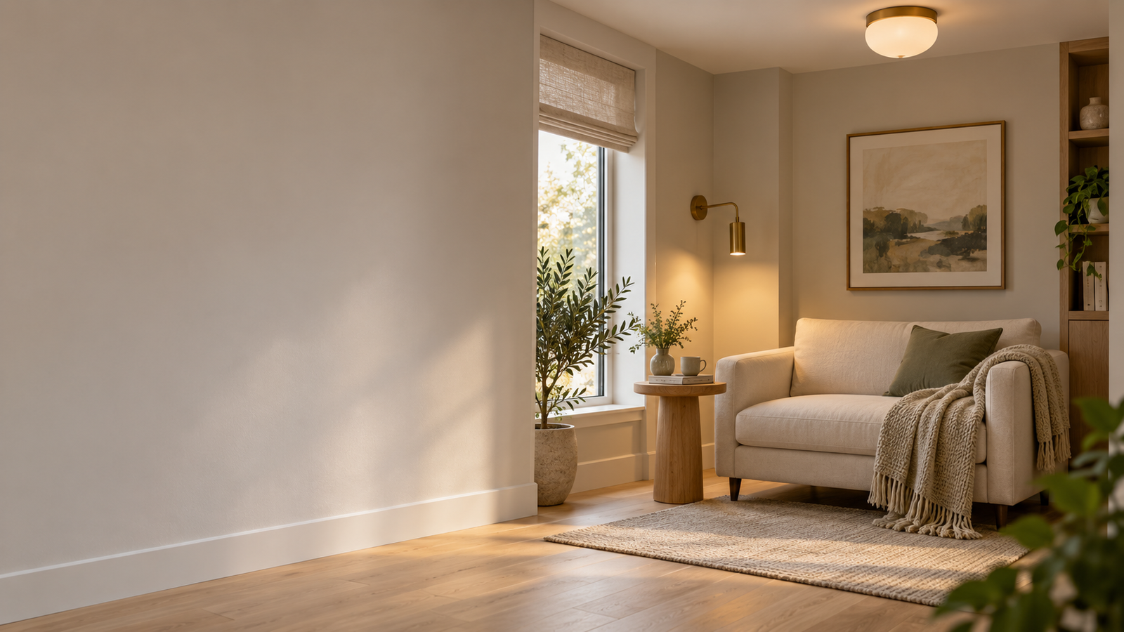 Small modern sitting room with a compact ceiling light and brass wall sconce beside a cream loveseat.