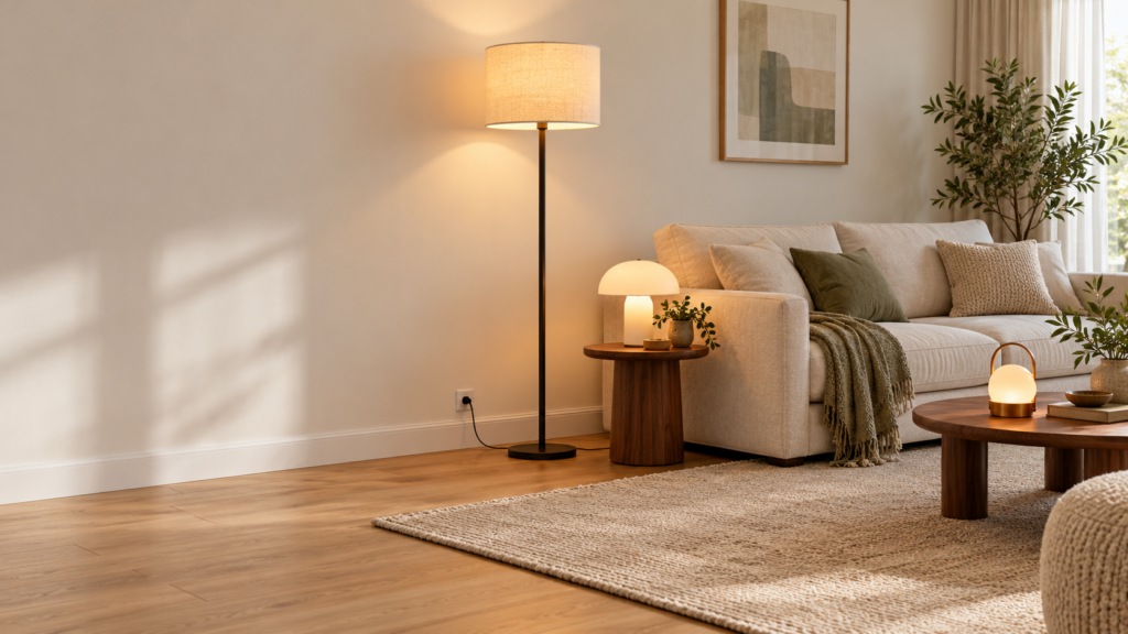 Cosy living room with a plug-in floor lamp, mushroom table lamp, and portable light beside a cream sofa.