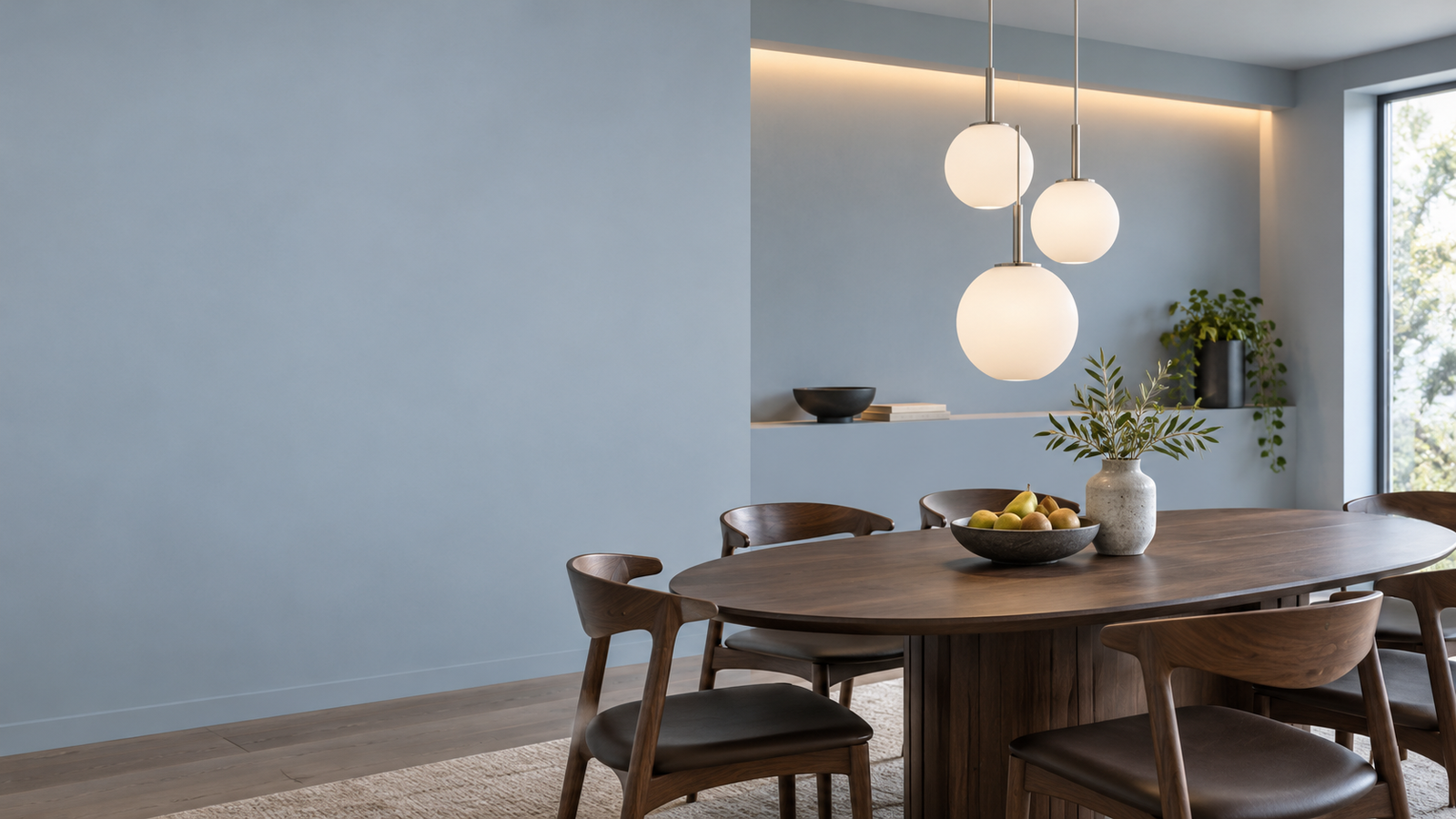 Blue-grey dining room with frosted globe pendant lights, concealed wall lighting, and a dark walnut table.