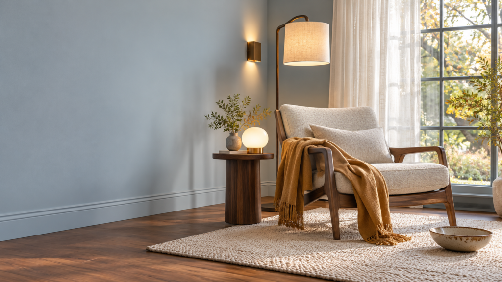 Reading corner with a glowing floor lamp, table lamp, and wall sconce beside a window overlooking autumn foliage.