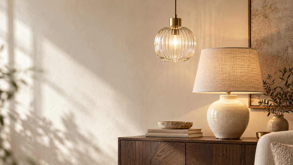 Ribbed glass pendant with brass fittings beside a ceramic table lamp with a linen shade on a dark wood console.
