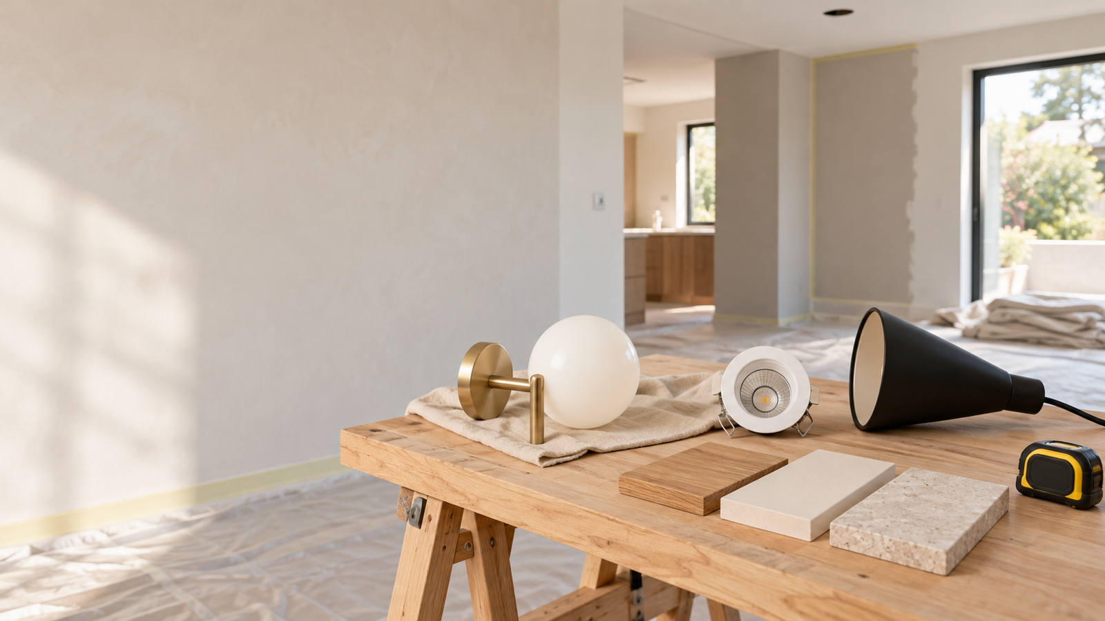 Modern wall sconce, recessed spotlight, and pendant shade beside finish samples in a home undergoing renovation.