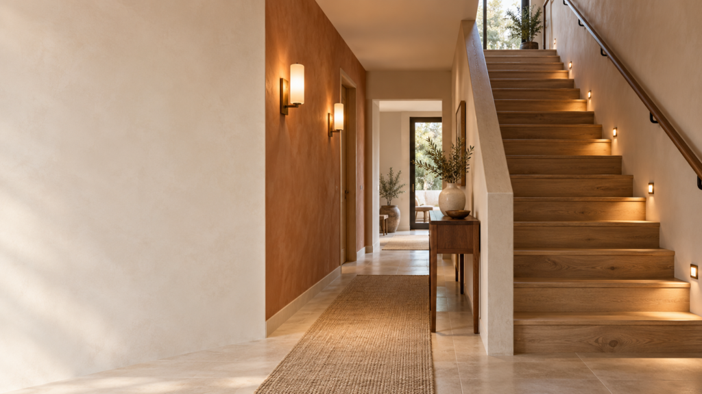 Warm hallway with brass wall sconces, an oak staircase, and recessed lights softly illuminating the steps.