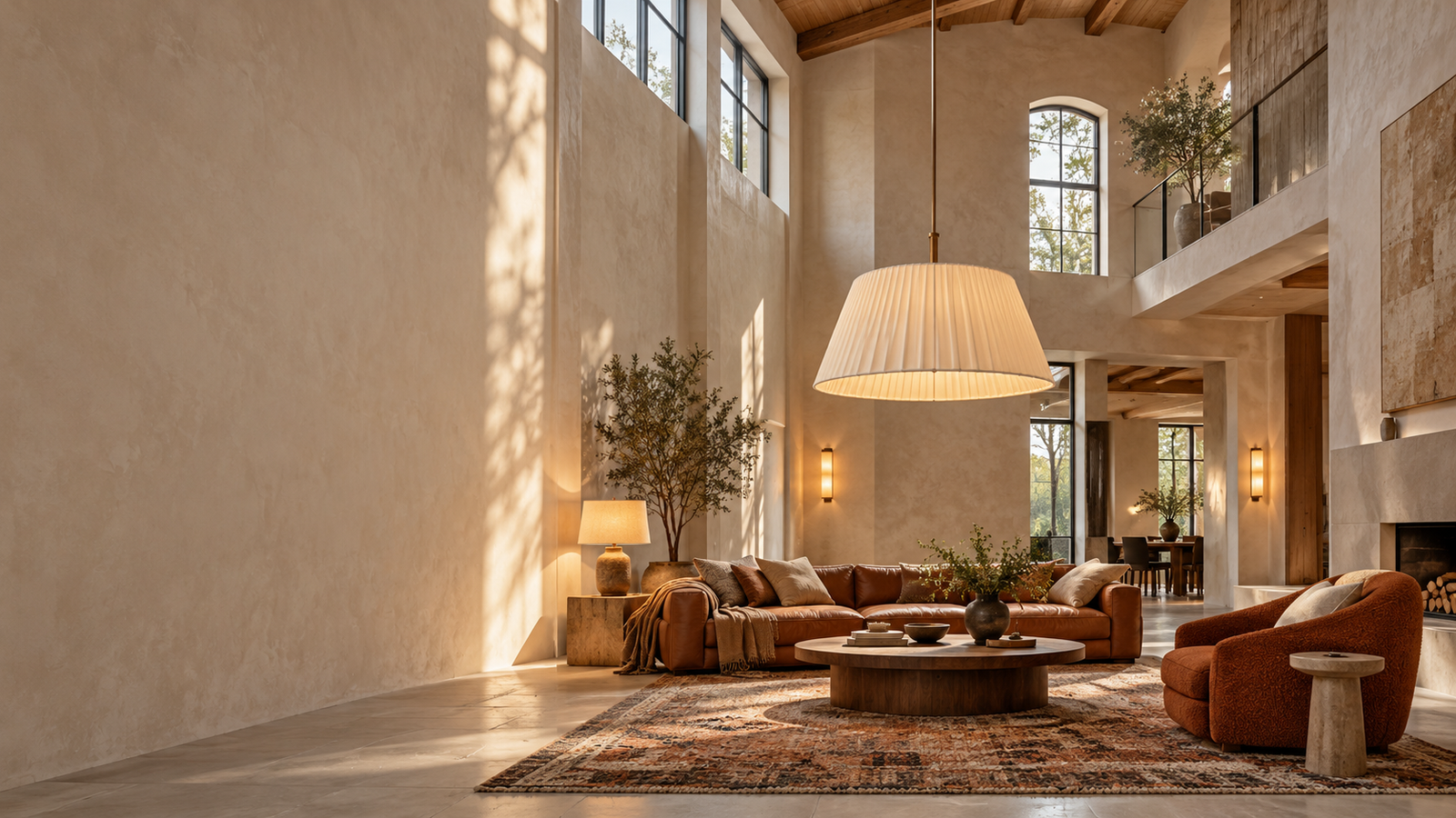 Double-height living room with a large suspended pendant, warm wall sconces, and a table lamp around a cosy seating area.